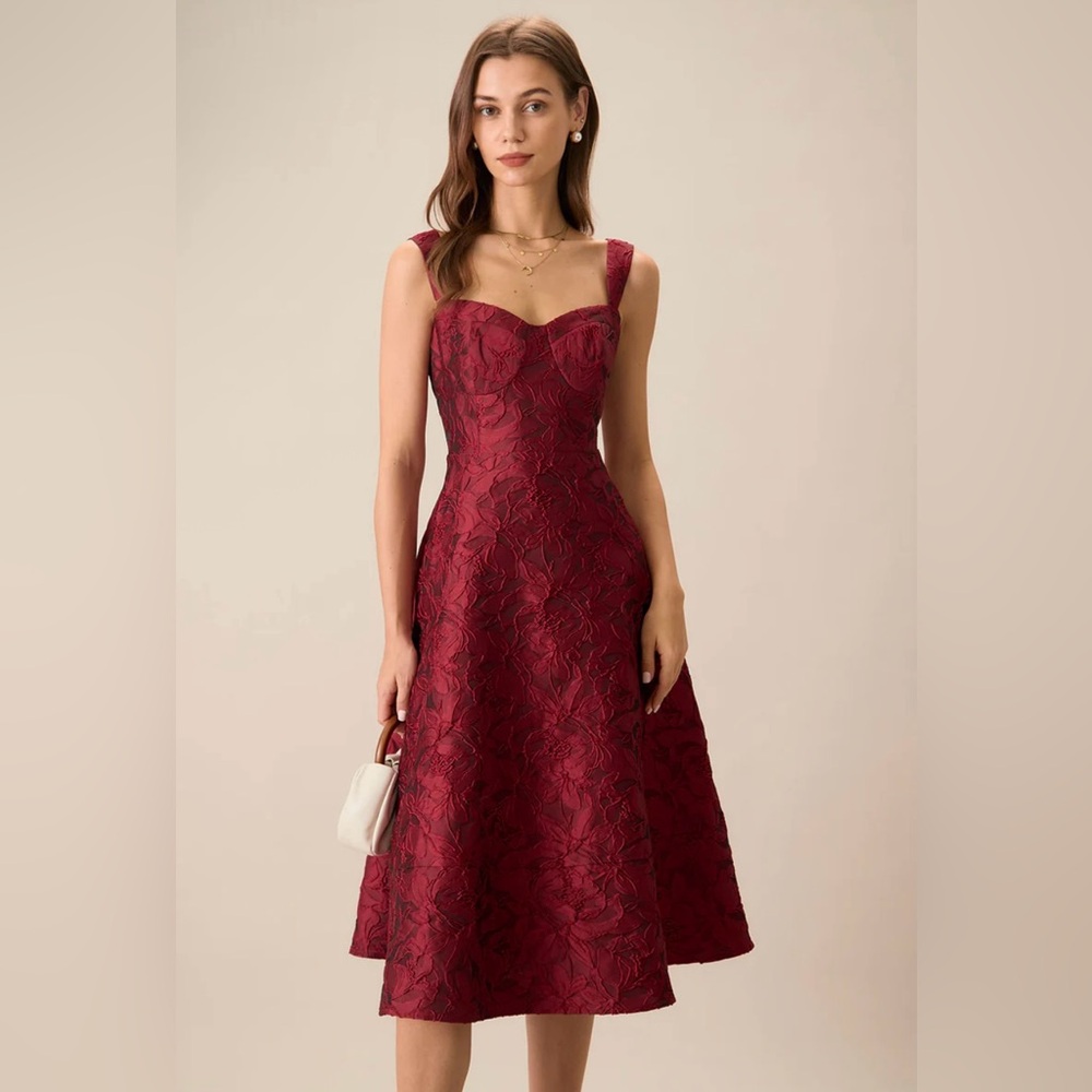 RIHOAS Red Sweetheart Neck Jacquard Midi Dress Size XlL